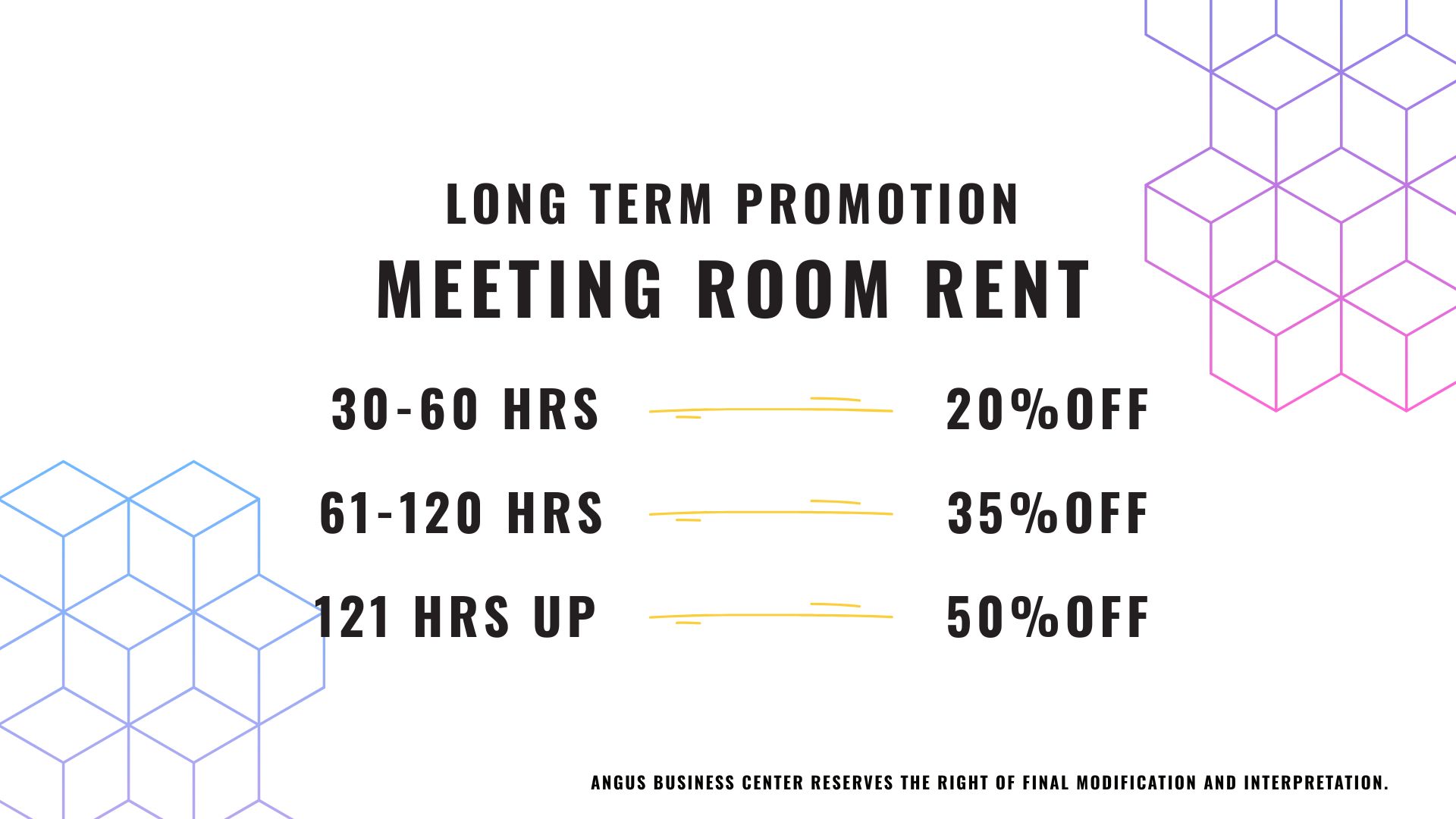 Long-term meeting room rental discounts, 30 to 120 hours special rates